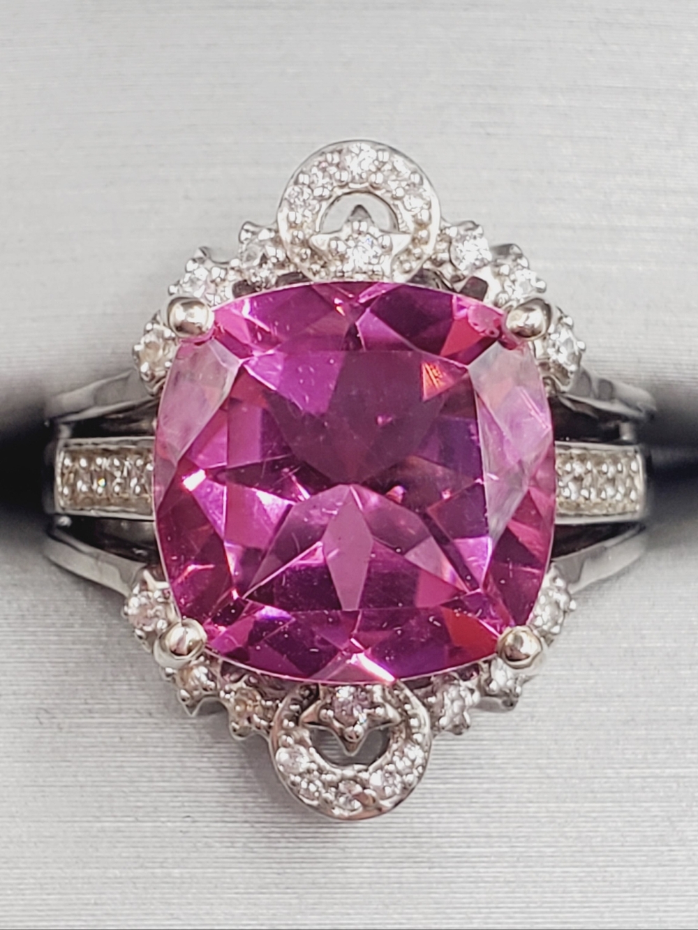 Cushion Pink Quartz & White Zircon Halo Bridal Wedding Ring Set Platinum - 925